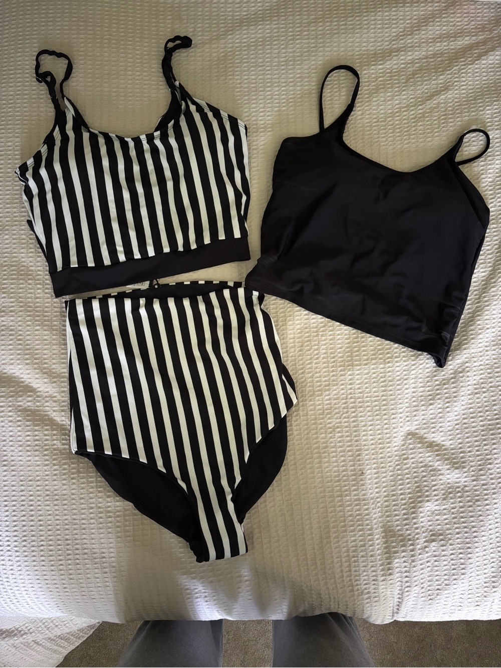 Black & White Striped Coral Reef High-Waist Bikini Set with Black Tankini Top